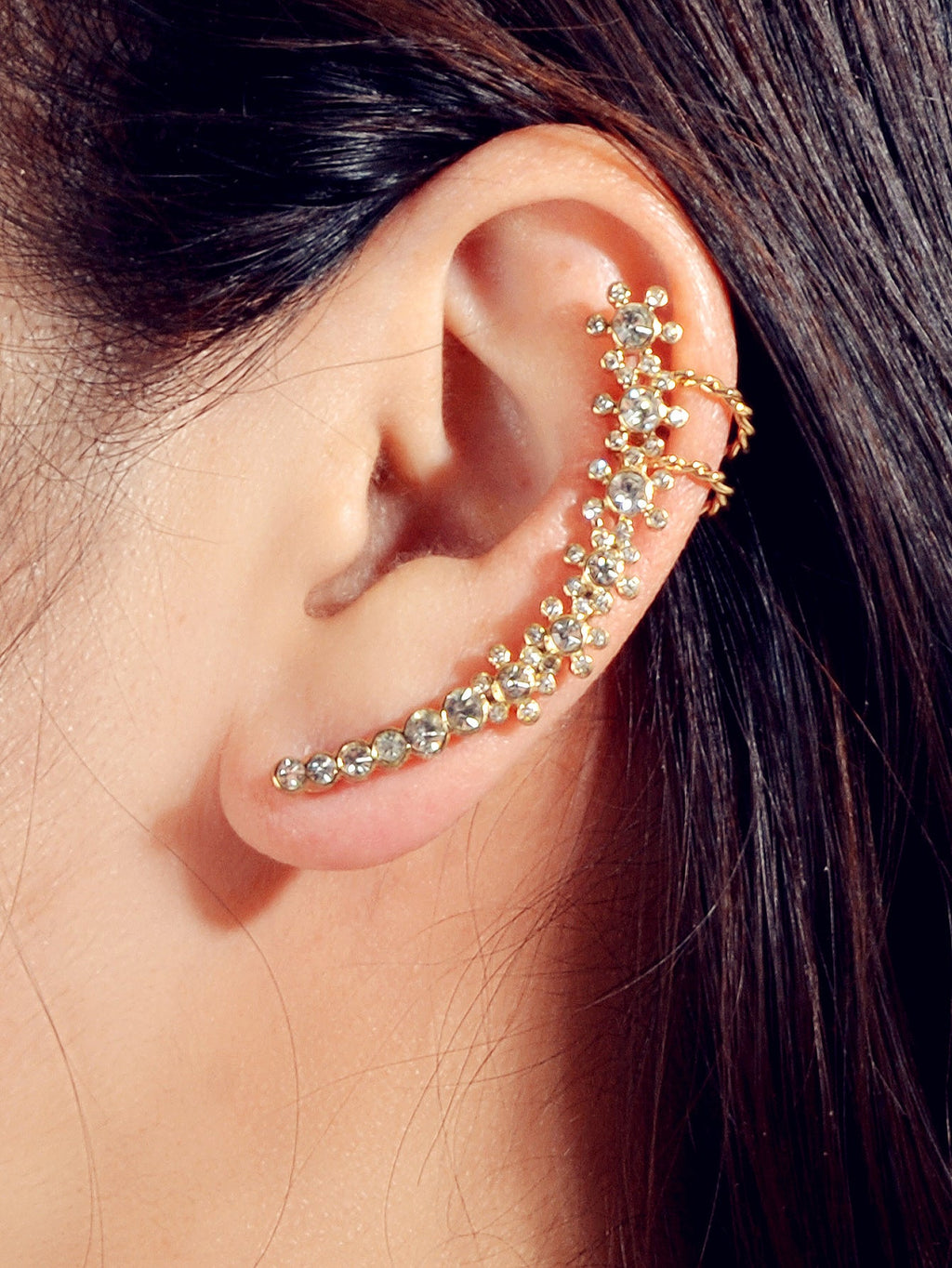 Full Rhinestone Cartilage Gold Flower Crawler Cuff Studs Climber Earrings 1 pc