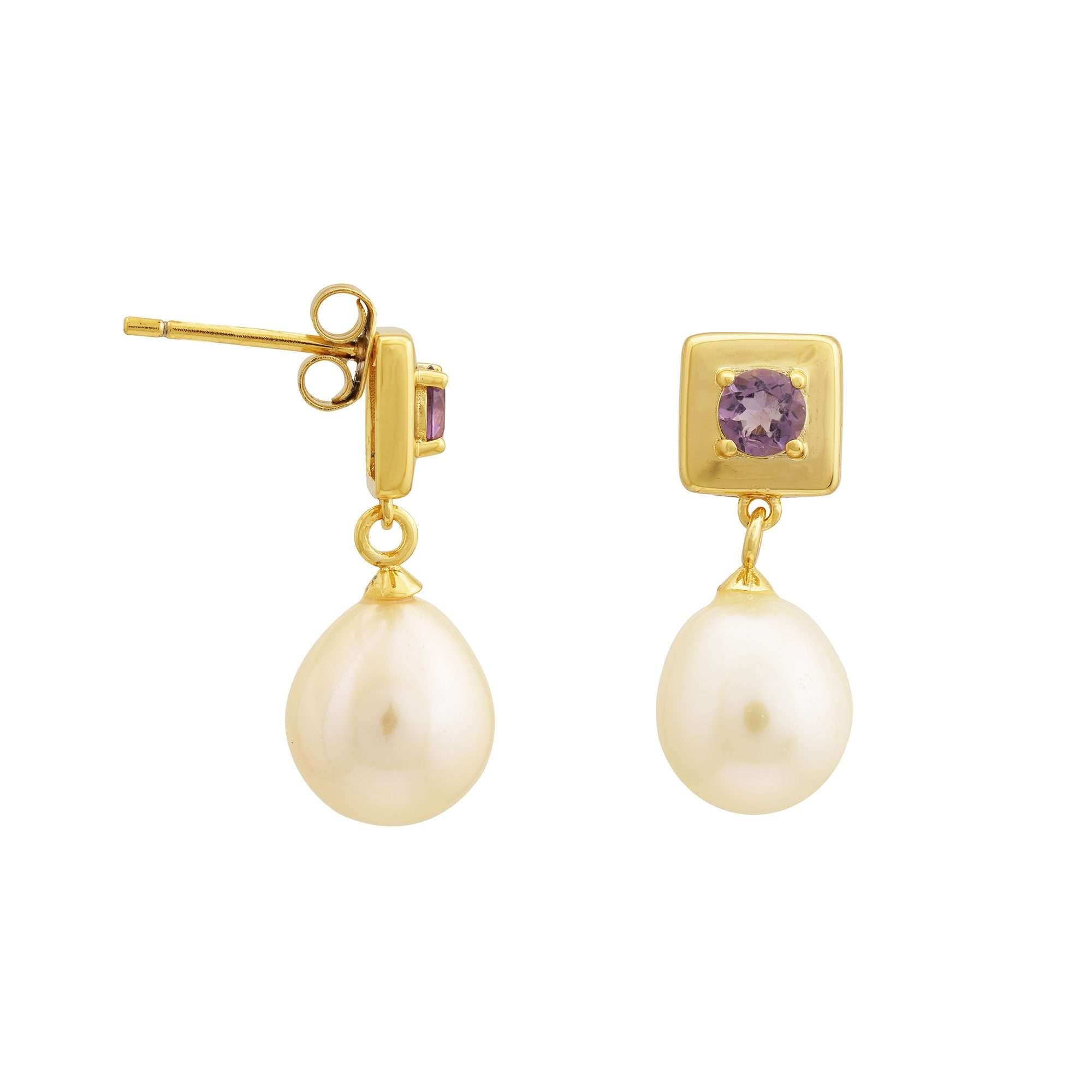 4 MM Amethyst Stone & 9 - 9.5 MM Freshwater Pearl Vienna Earrings in 24 CT Gold Plated Silver 925 Setting