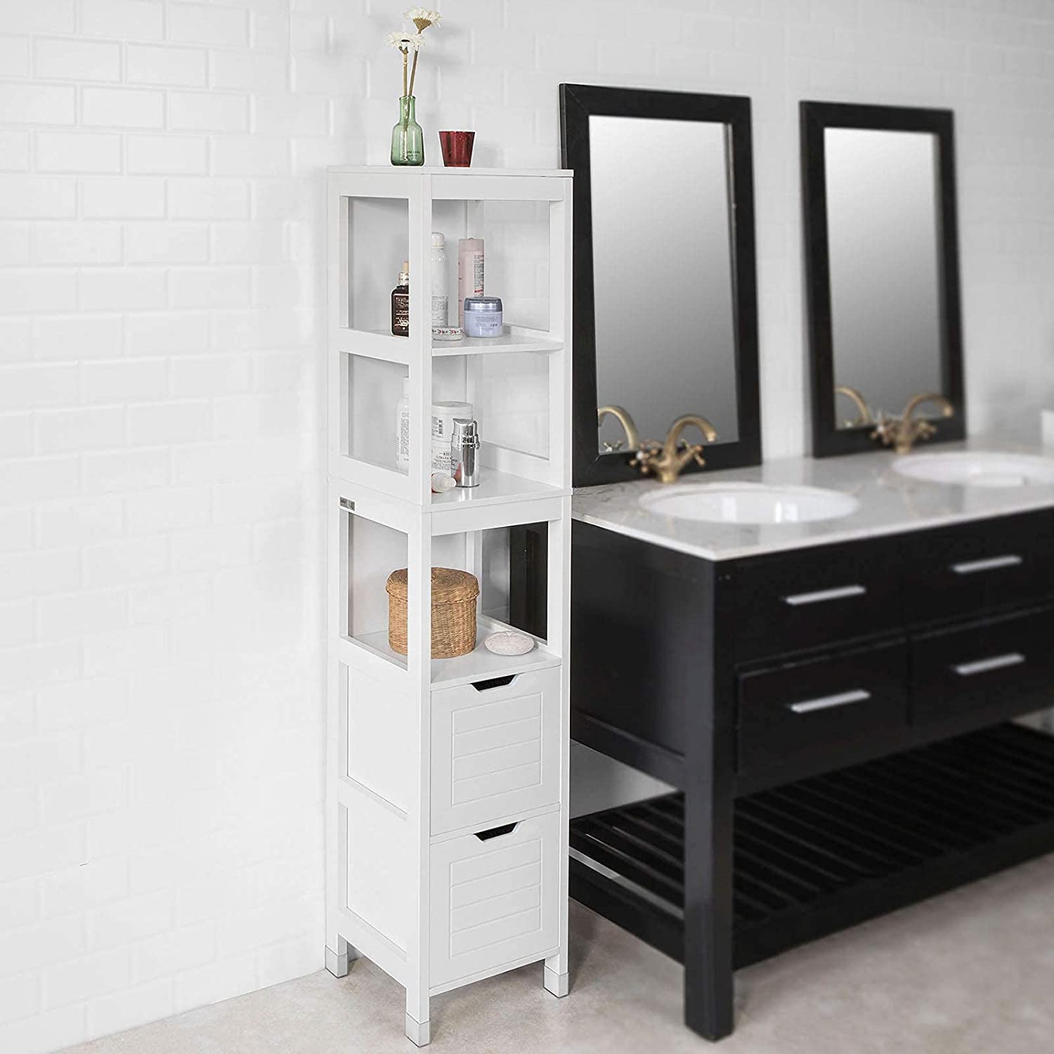 NNEDSZ Freestanding Tall Cabinet with Standing Shelves and Drawers