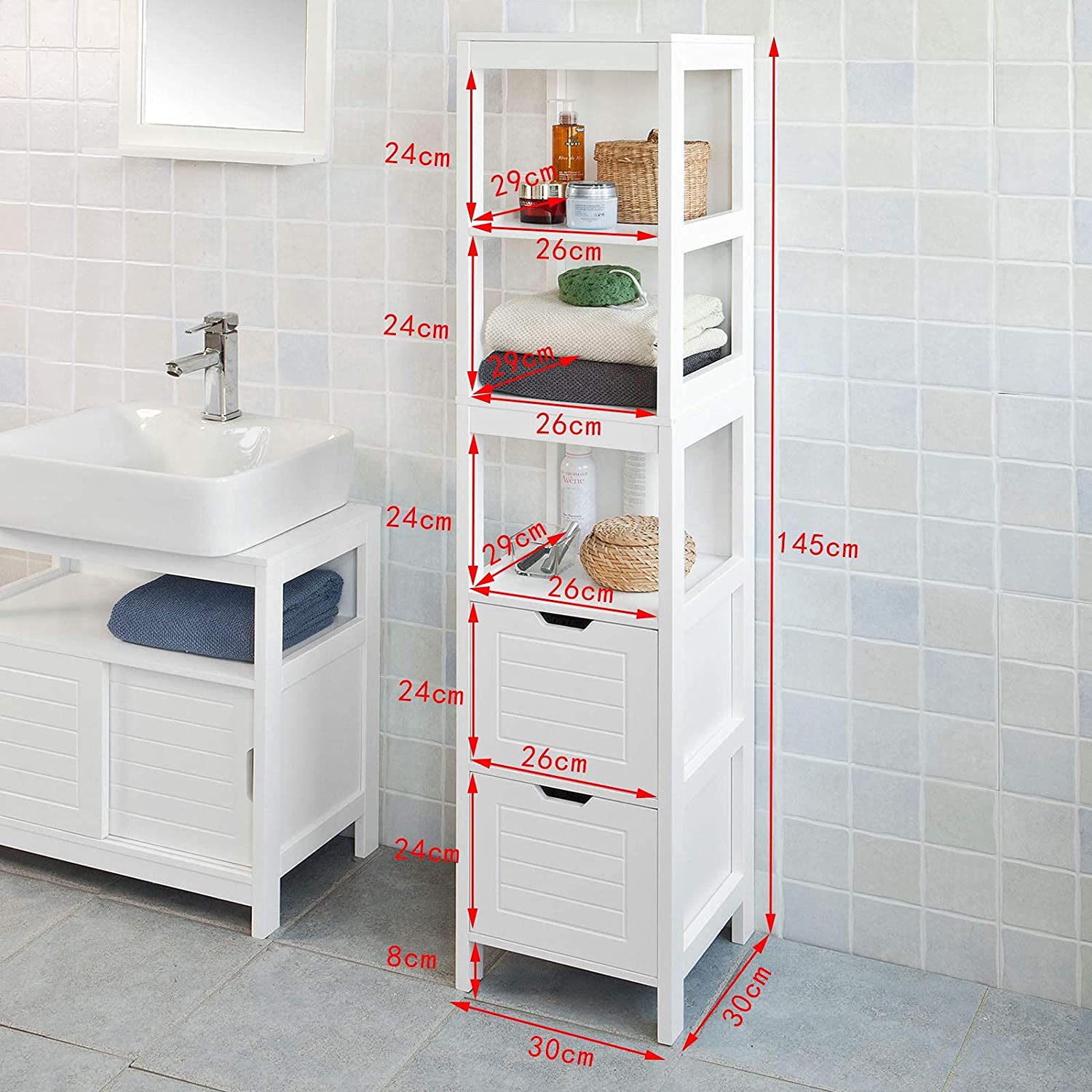 NNEDSZ Freestanding Tall Cabinet with Standing Shelves and Drawers